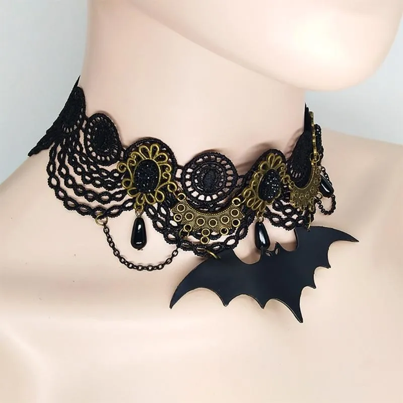 Chokers gotiska smycken bat halloween spets choker svart lager halsband för kvinnor flickor cosplay fest present Nightmarechokers