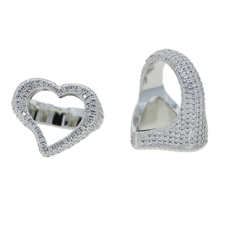 Ny anlände Punk Style Heart Ring med Full Cz Stone Paved Hip Hop Ringar för män Pojke Kvinnor Smycken Partihandel