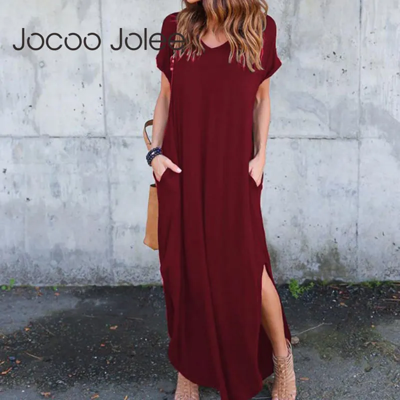 Jocoo Jolee dames plus maat 5xl lange jurk vintage korte mouw solide maxi jurk casual t -shirt jurk zomer losse zonsondergang 210303