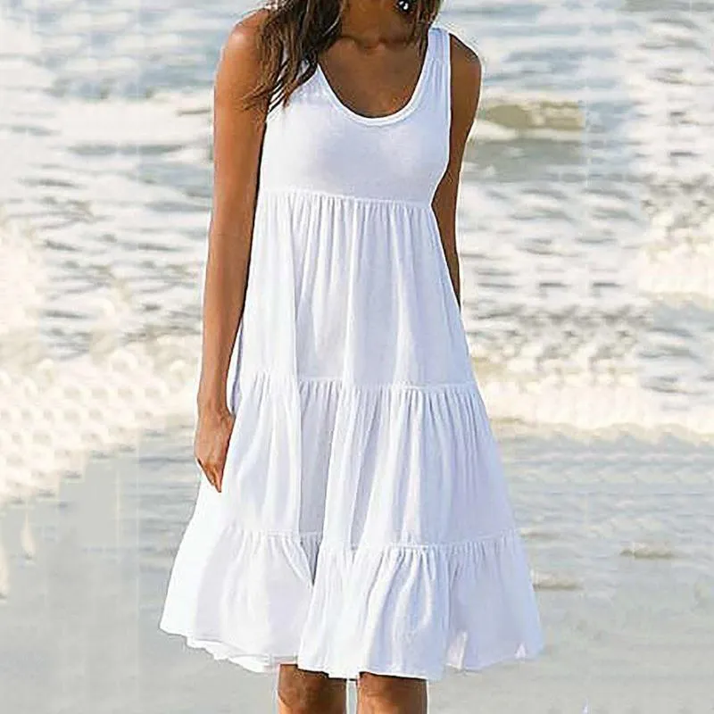 Sukienki swobodne letnie kobiety bez rękawów luźne solidne sukienka A-Line Lade Ladies O-Neck Mini Tank Top na plaży