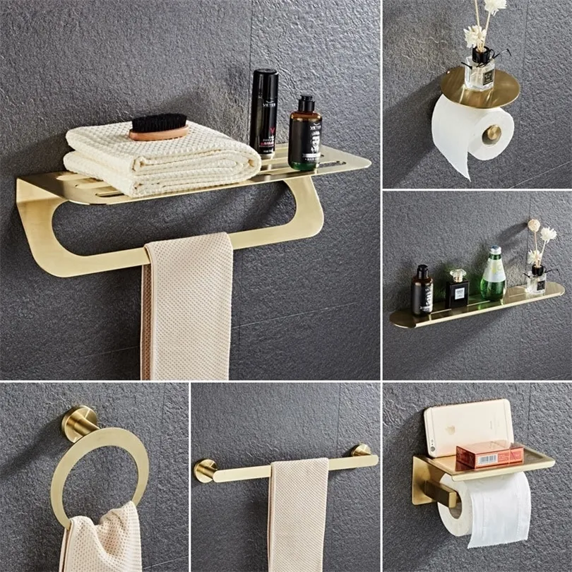 Bathroom Hardware Set Towel Rack Paper Holder Towel Bar Corner Shelf Toilet Brush holder Brushed Golden Bathroom Accessories Set T200425