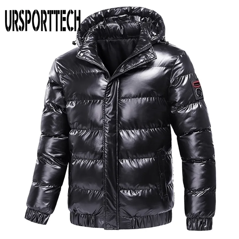 Bright Leather Winter Men's Jacket Casual Parka Outwear Waterproof Thicken Warm Stand Collar Outwear Coat Men Clothing 201128
