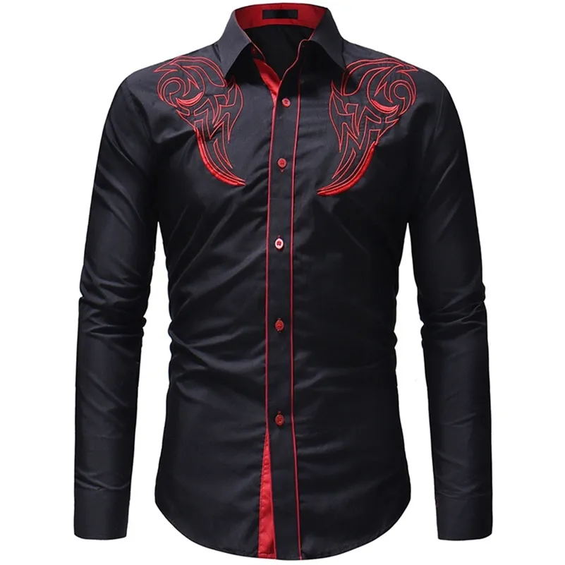 Camicia casual slim a maniche lunghe ricamata da uomo alla moda 220801