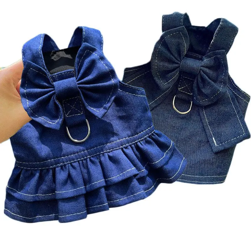 Pet Clothes Spring Summer Dress Harness Dog Apparel Shirt Cat Denim Vest Puppy Outdoor Walk Chest Strap Dress With D-Ring