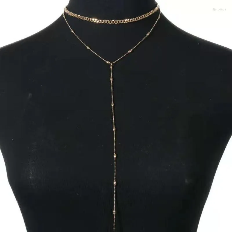 Stijlvolle prachtige y-type lange hanger eenvoudige dubbele ovale kraal ketting gouden temperatuur gestapeld met sleutelbeen ketting vrouwelijke kettingen