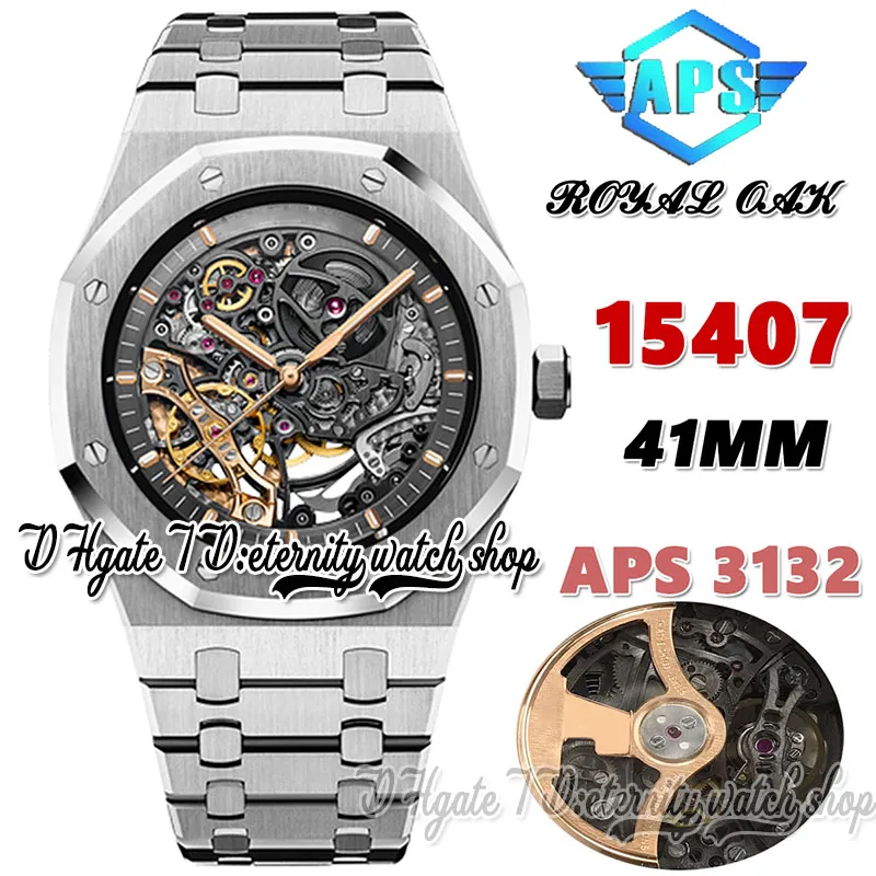 APSF aps15407 Calibre 3132 aps3132 Montre Automatique pour Homme 41MM Squelette Cadran Gris Foncé Double Balance SS Bracelet en Acier Inoxydable Super Edition montres d'éternité