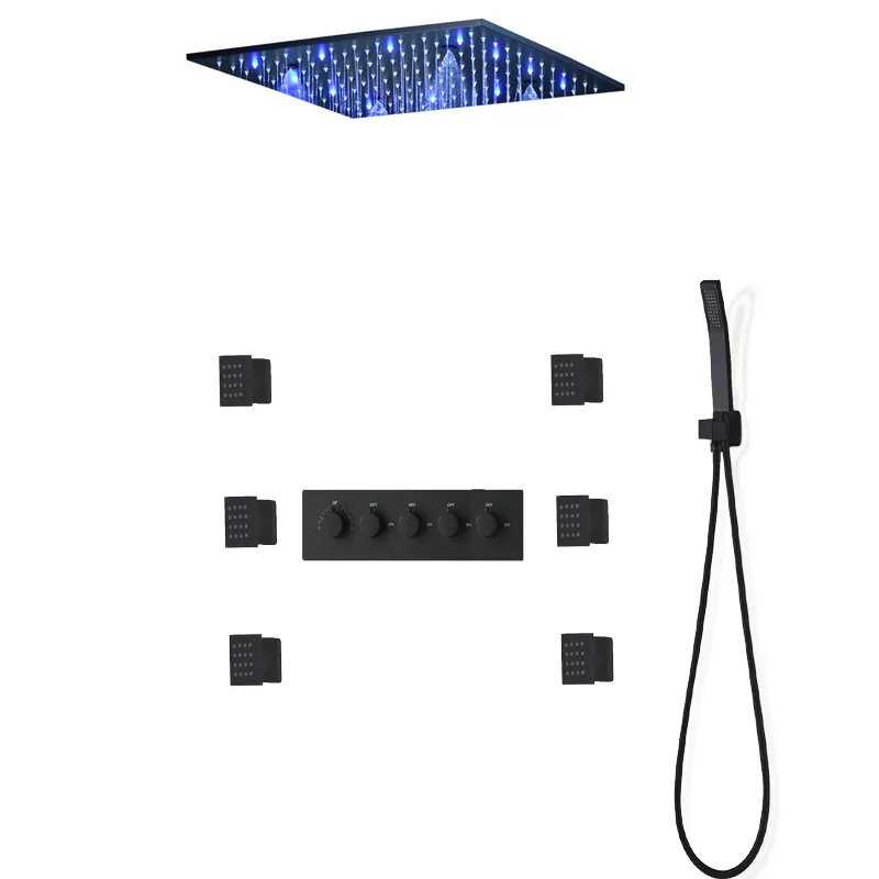 Accessori per il bagno Set doccia LED nero opaco Massaggio Soffione doccia a pioggia Pannello vasca Miscelatore termostatico Rubinetti getti corpo