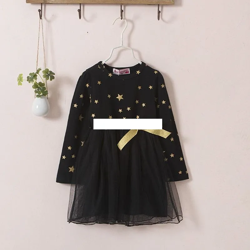 Robe étoile pour petites filles, manches longues, en dentelle, avec nœud, en Tulle, vêtements de princesse, printemps et automne