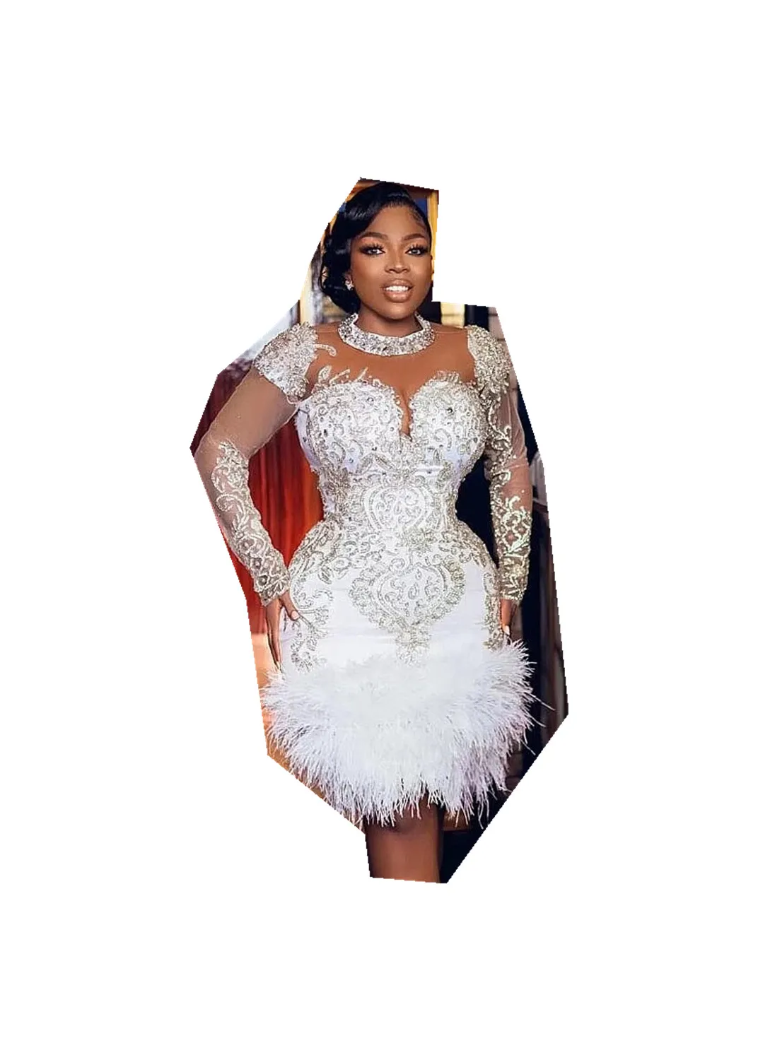 Abiti Da Ballo Corti Di Lusso Con Perle, Cristalli, Piume, Maniche