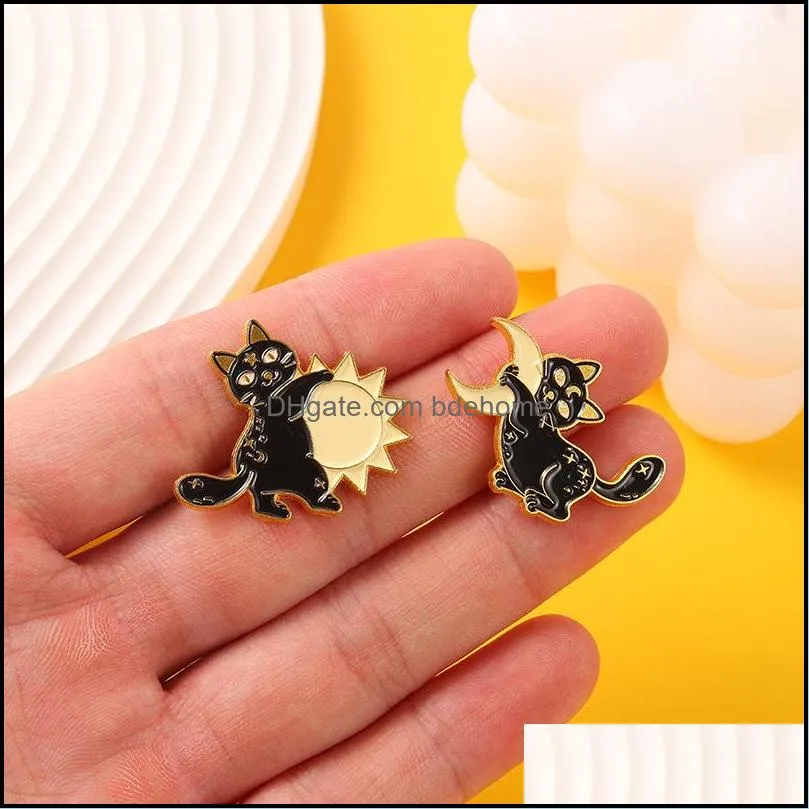 punk black cat hug moon sun shaped brooches pins unisex backpack sweater clothes buckle badge ornaments alloy enamel animal collar lapel pins