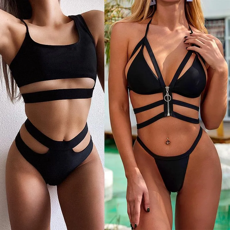 Women's Swimwear Sexy Triangle Push Up Brazilian Bikini Set Cut Out Bandage Bikinis Women Swimsuit Zipper Biquini Beach Bathing Suits