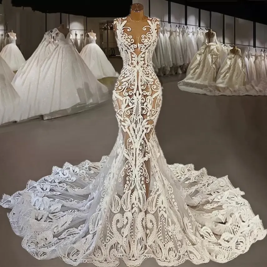 Abiti da sposa sexy a sirena in pizzo 2022 Abiti da sposa Abiti da sposa con collo gioiello applicati e abiti da sposa