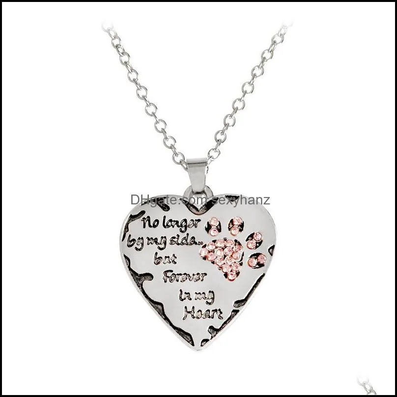 Colliers pendentifs bijoux "ne plus être à mes côtés mais pour toujours dans le coeur" blanc argent cristal chats chiens pattes griffe impression coeur collier