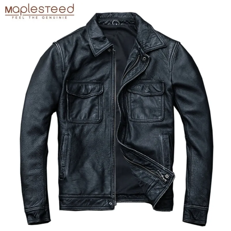 Maplesteed Vintage Black Real Leather JacketMen 100ナチュラルカーフスキンレッドブラウンレザージャケットメンズレザーコート秋LJ201029