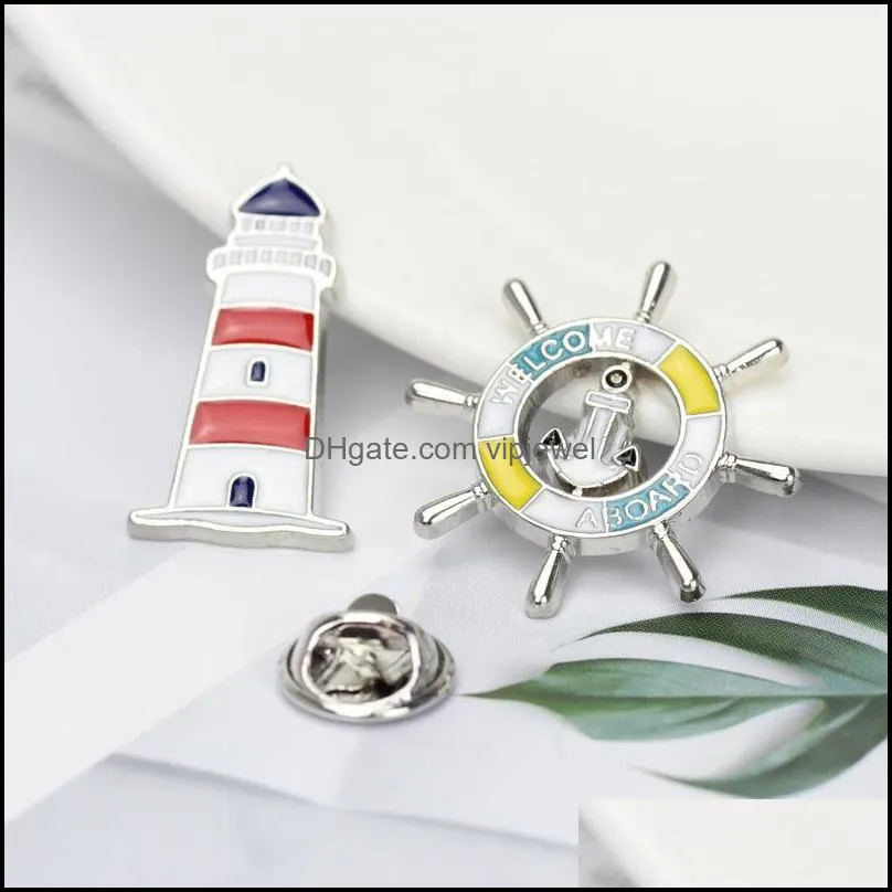 european lighthouse sailing rudder fish shape brooches cartoon ocean series boat alloy sailor lapel pin for unisex travel beach backpack clothes badges
