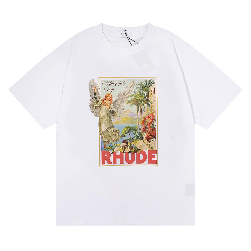 Rhude брендовая футболка с принтом для мужчин и женщин футболки с круглым вырезом весна-лето High Street Стиль качественные футболки RHUDE азиатский размер S-XL Camiseta Casablanca A17
