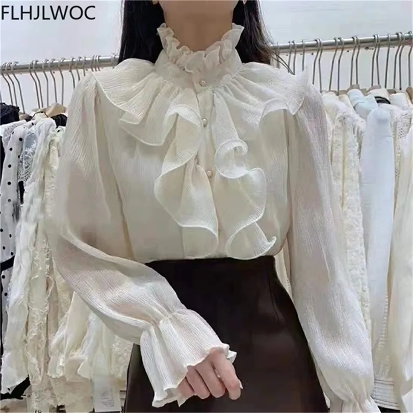 Primavera Autunno Basic Camicie Camicette Donna Moda Manica lunga Elegante Office Lady Work Solid White Ruffled Chic Top Blusas 220812