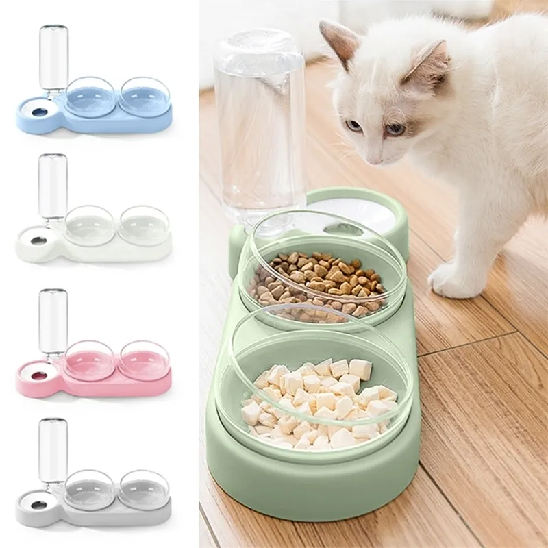 Pet Bowl Cat Dog Double Bowls Automatic Water Container Food Dispenser Cat Feeder Food Bowls Drinking Raised Stand Dish for Cat 210320