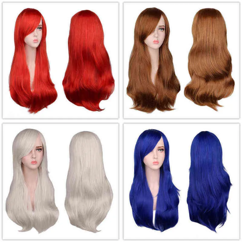 Qqxcaiw Women Long Wavy Cosplay Wig Red Rose Pink Black Blue Sliver Gray Brown Temperature Synthetic Hair Wigs 220622