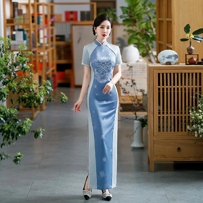 Chinese Party dress women s long Cheongsam gown sexy oriental female vestido Blue Qipao Asian elegant slim women clothing