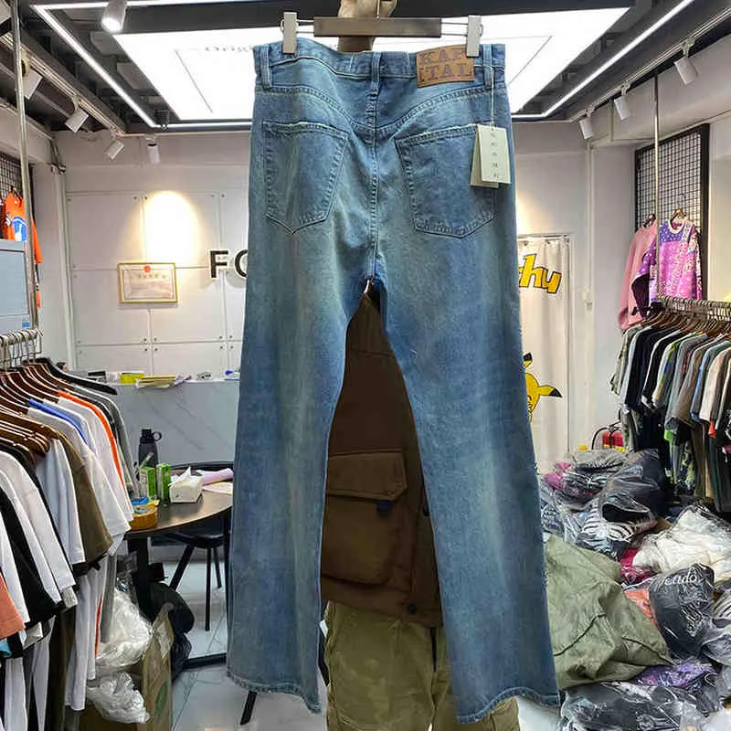 KAPITAL Jeans Men Women KAPITAL Pants Vintage Washed Inlaid Gemstone Distressed Trousers Inside Tag Clothes T220803234I