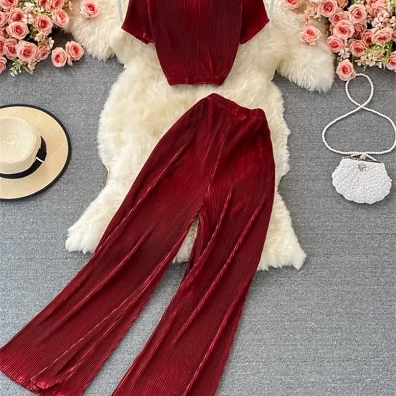 Summer Vintage RedPinkBlack Pleated Two Piece Set Women Casual ONeck Short Sleeve Tops Loose Pants Suit Female 220526