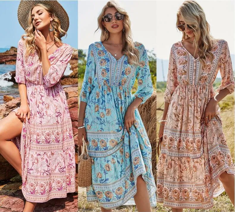 2022 Spring Novo vestido floral bohemia feminino casual v pesco