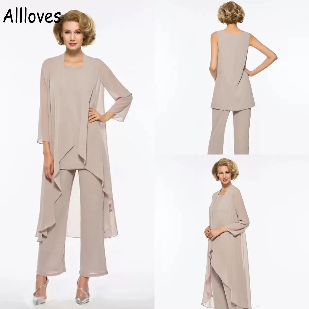 3 pièces élégantes en mousseline de soie mère de la mariée robes costumes ensemble avec veste à manches longues cape pantalon pleine longueur été mariage mère tenue de soirée formelle simple CL0820