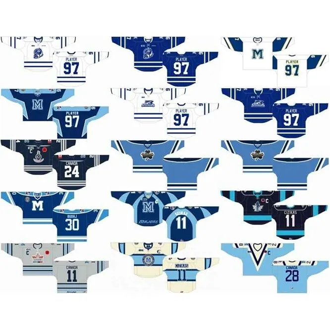 CeDH Custom 1997 98–2006 07 OHL Herren Damen Kinder Weiß Blau Schwarz Grau gesticktes Ontario Hockey League-Trikot der Mississauga Steelheads