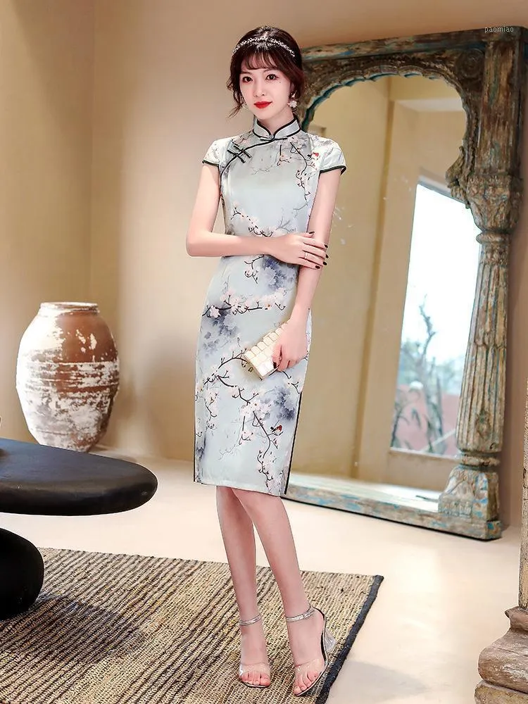 Kobieta elegancka ubiór o wysokim rozłamie Chińskie tradycyjne obrożę mandarynki qipao żeńska kwiatowy bodycon cheongsam etniczny ubranie