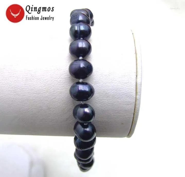 Fios com miçangas qingmos Moda 7-8mm redonda de água doce natural Bracelete de pérolas preto para mulheres pulseiras de jóias 7.5 "Fawn22