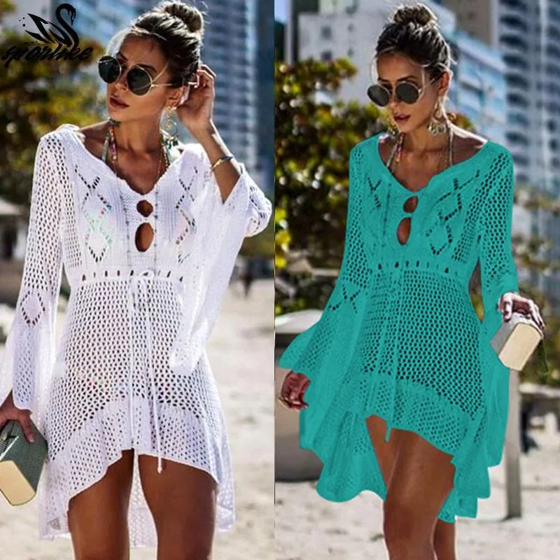 Sarongs 2022 Crochet White Knitted Beach Cover Up Dress Tunic Long Pareos Bikinis Ups Swim Robe Plage Beachwear