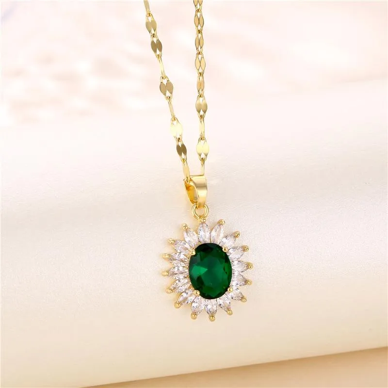 Colares de pingentes colar de cristal oval para mulheres cadeias de lábios de aço de titânio de ouro com encantos de jóias verdes de jóias de jóias