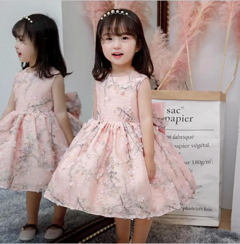 Vestidos de niña Moda sin mangas para niña Flower Pink Kids Basking Broting Cumpleaños Princesa Fiesta para Bautismo