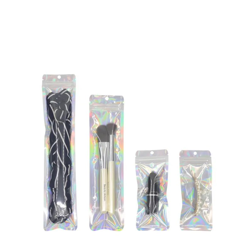 Rainbow Hologram Brush Packaging Bag Aluminium Foil Plastic Long Package Bags Pouches with Hanger Holder Packing