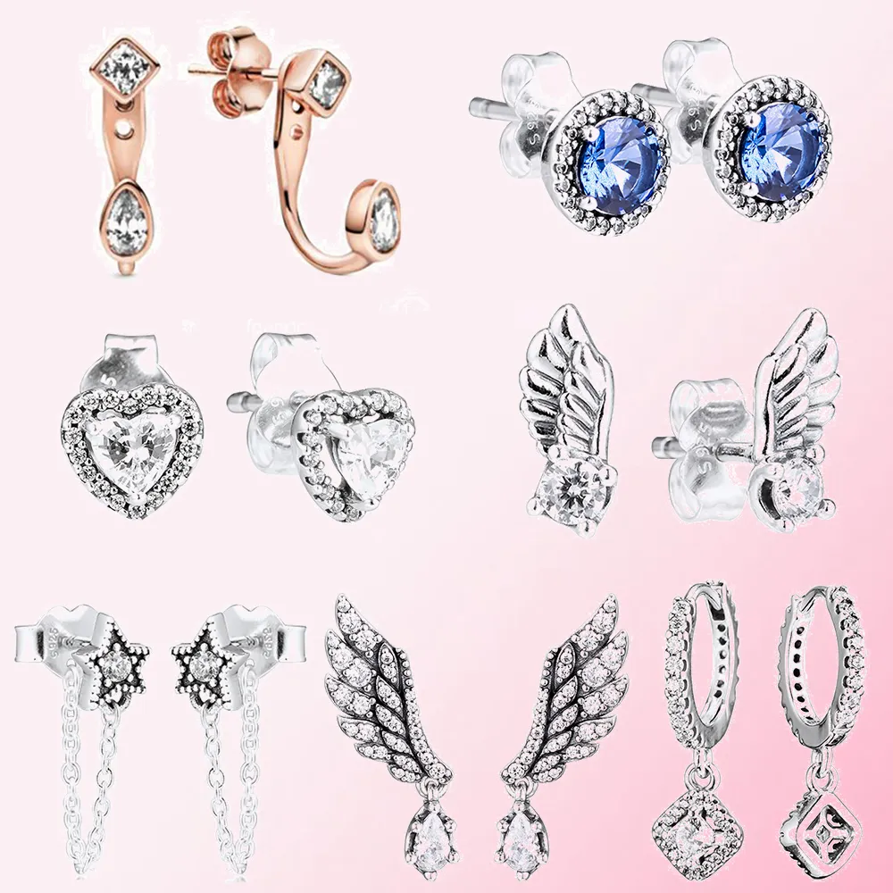 925 Sterling Silver Earrings Blue Heart Angel Wing Cellular Star Earrings Women's Heart Original Fit Stud Earring Jewelry Making DIY Gift