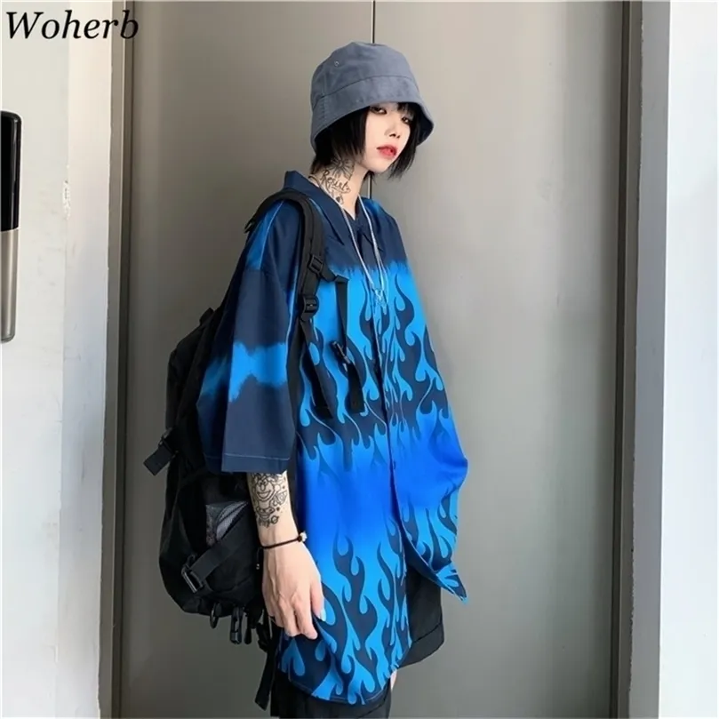 WOHERB HARAJUKU LUTNE TOPS KOBIET MAN Casual Blue Flame Print Bluzka Krótkie rękawie Zagrodzona koszula Blusas Hip-Hop Streetwear 210326