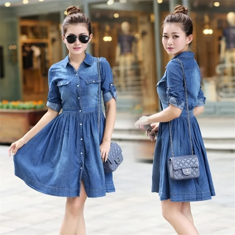 2019 Nouveau Printemps Été Mode Plus Taille Dames Bleu Denim Longue Robe Slim Femmes Casual Femmes Jeans Robes S XXXXL LJ200818