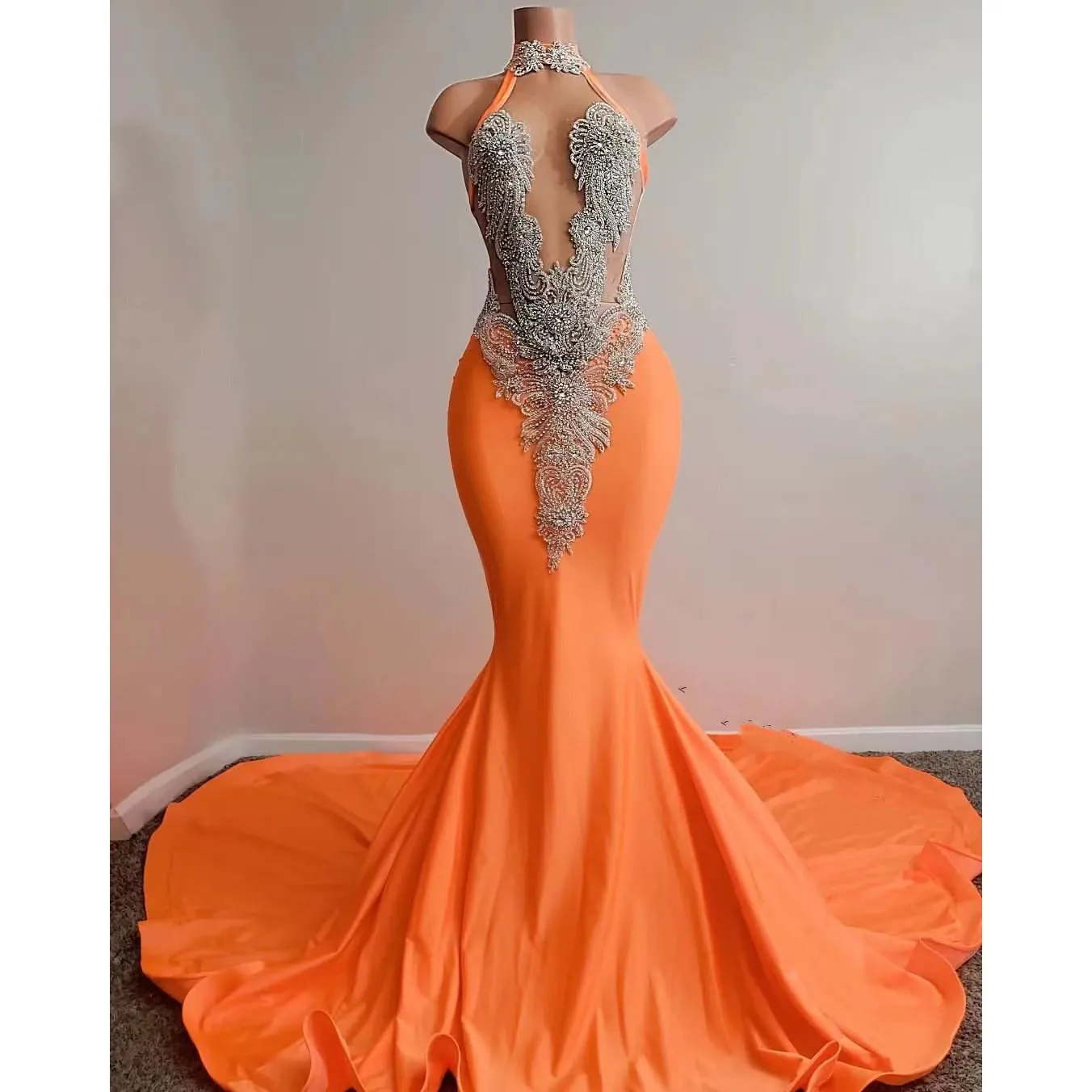 Sexy Orange Prom Dress For African Women Satin Beading Sequined High Neck Sleeveless Red Carpet Long Mermaid Gowns Evening Dresses