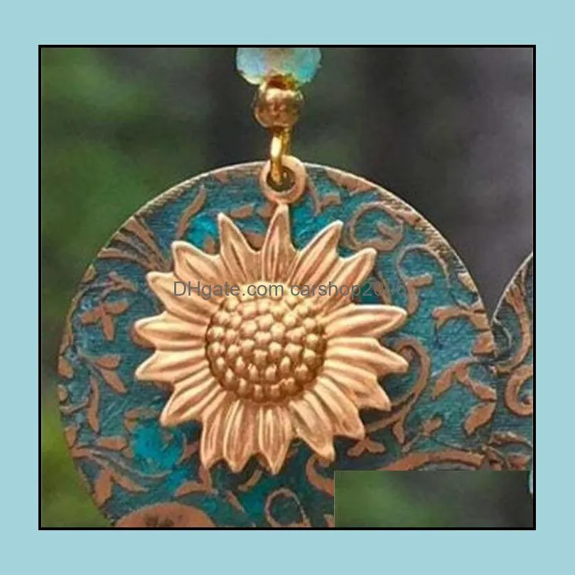 Sunflower Dangle Earrings Blue Round Ear Pendants Lady Double Deck Earring Fashion Bohemia Jewelry Retro Alloy