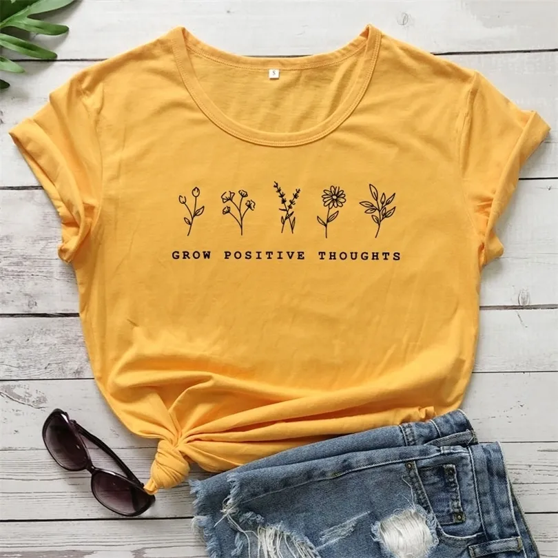 100% Cotton T Shirt Grow Positive Thoughts Letter Wildflowers Print Women Short Sleeve O Neck Loose Tshirt Summer Tee Shirt Topps T200614