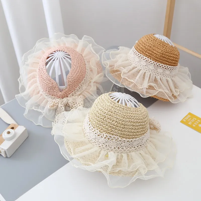 Chapeau de princesse en paille pour bébé fille, casquette de plage, en dentelle, protection solaire, Panama, chapeaux seau pour enfants, accessoires pour filles de 2 à 5 ans