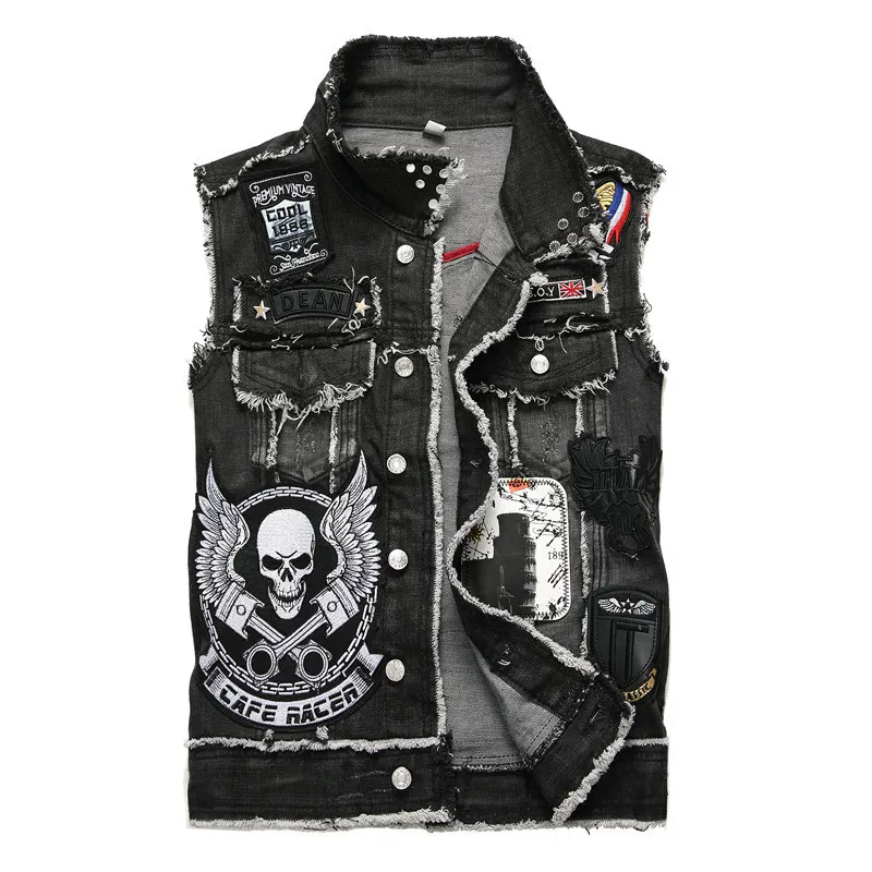 Erkek Ceket Motosiklet Erkek Biker Denim Yelek Çoklu Perçin Rozet Yama Tasarım Punk Rock Belellik Kafatası Nakışı Kolel Kot Ceket 2023