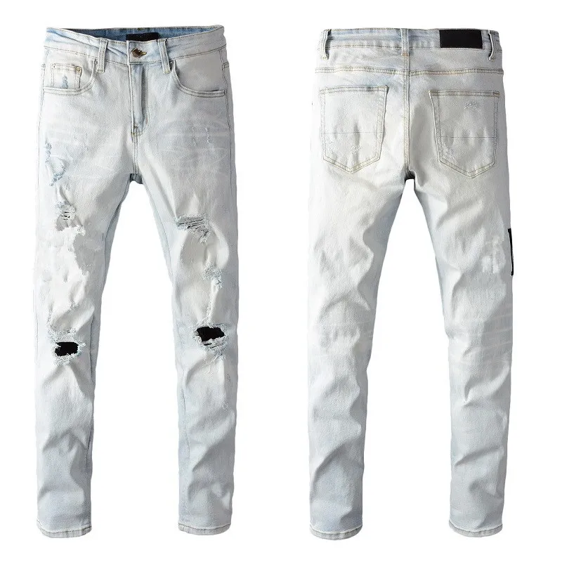 Mens Jeans Slim Distressed Denim White Designer Pants with Holes Letters Trival Tattered Knee Ripped For Man Skinny Straight Ben Size 28-40 Lång 2022 Söt hög kvalitet