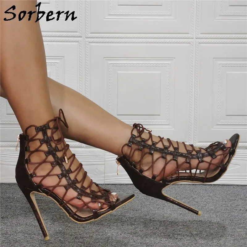 Sorbern Kaffee Schnüre -up Frauen Walks Sandalen Gladiator High Heel Stilettos Sommerschuhe sexy Crossdresser Schuhe