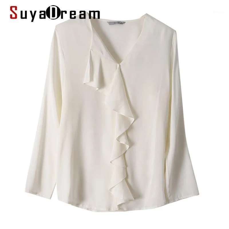 Kvinnors Blusar Suyadream Elegant Silk 100% Silk Satin Ruffles V Neck Vit Kontor Blusskjorta Kvinnor 2022 Vår sommar Arbete Topp