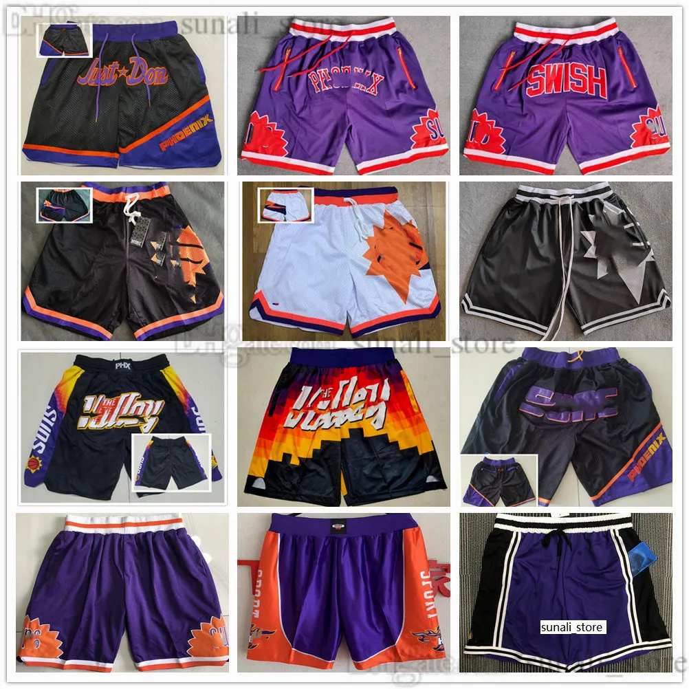 22 Phoenix''Suns''Mens Retro Basketball Shorts Avec Poches Zipper Sweatpants Game Purple City Black Pants Respirant Mens