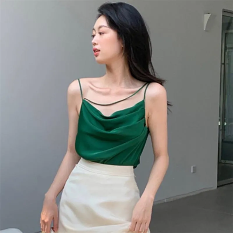 Débardeurs pour femmes Camis Swinging Neck Satin Sexy Fashion Ins Chic Slip Shirt Sweet Girl Summer Sleeveless Blouse Ladies Solid Y2k Top Blusa