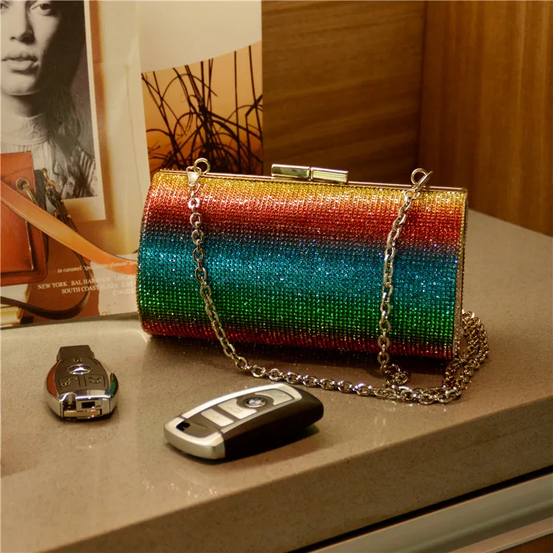 Rainbow Rhinestone Dinner Bag Diagonal Cross Bags Women Color Diamond Cylinder Shoulder handbag Banquet tote