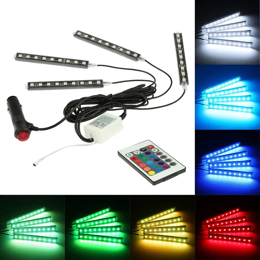 Phares de voiture 7 couleurs RVB Télécommande sans fil 4 en 1 Intérieur 4 Bar Atmosphère Lumière Plancher Dash LED Décoration Lampe Kit 12V